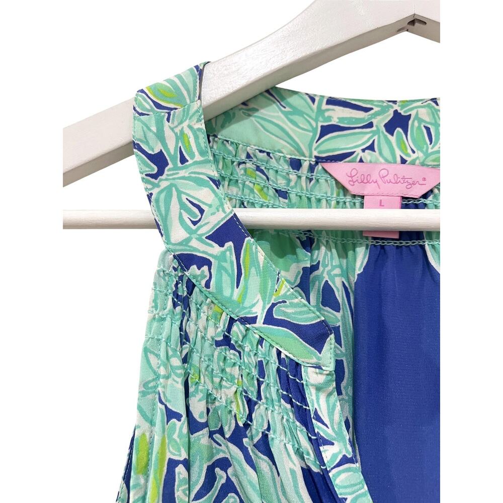 Lilly Pulitzer Top Womens Large Blue Green Silk Halter Tunic Sleeveless Tropical - Picture 6 of 9